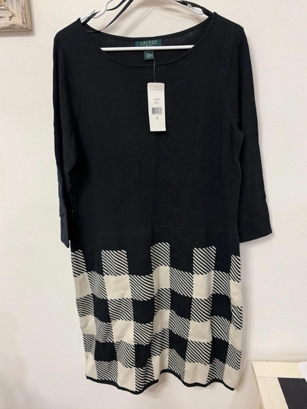 Lauren Ralph Lauren Black Long-Sleeve Dress with Cream Checkered Skirt